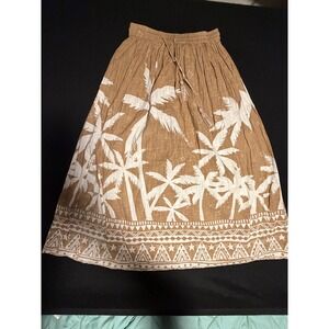 ZL Europe Tan Tropical Palm Tree Print Cotton Midi Skirt Boho Tassel Drawstring